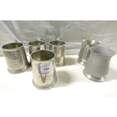 195 - Set of four pewter tankards with inscriptions and two others. (6)