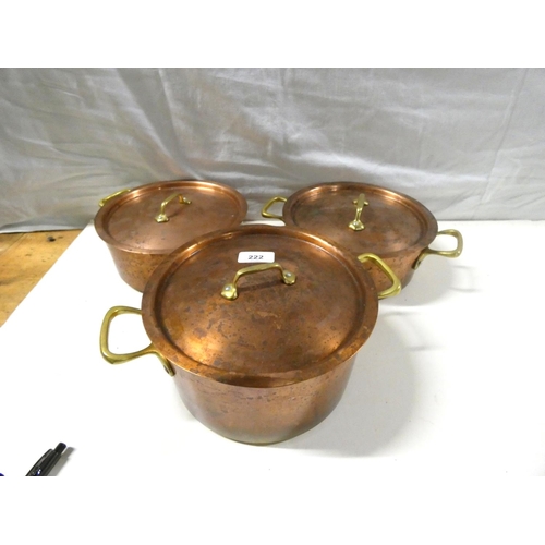 222 - Three Wagner West German copper and brass pans and lids.