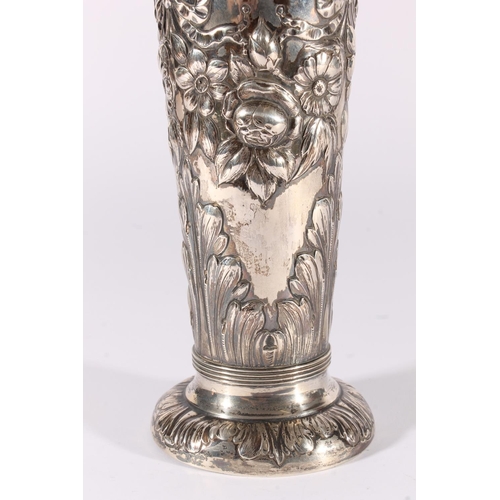 1 - Victorian silver vase, of tapering trumpet form, the body embossed with floral swags and ribbons, ra... 