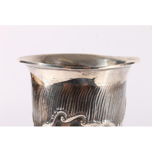 1 - Victorian silver vase, of tapering trumpet form, the body embossed with floral swags and ribbons, ra... 