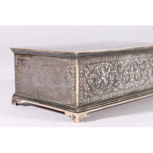 11 - Thai niello silver cigarette box, mid 20th century, the hinged lid decorated with a scene of Wat Pho... 