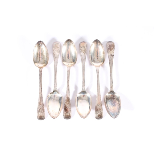 14 - Set of six Victorian silver teaspoons, the handles with bright cut cross band decoration and monogra... 