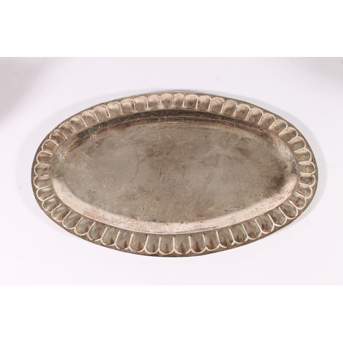 18 - Mexican sterling silver tray, cream and sugar bowl, mid 20th century, of reeded form with cast scrol... 