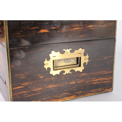 402 - Victorian coromandel and brass bound lady's travelling toilet box, fitted with an assortment of glas... 