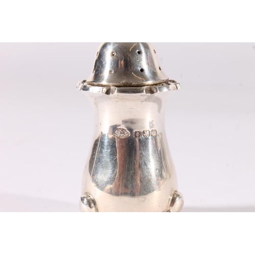 22 - George V seven piece silver cruet set, all with conforming pie crust edges, bulbous bodies over scro... 