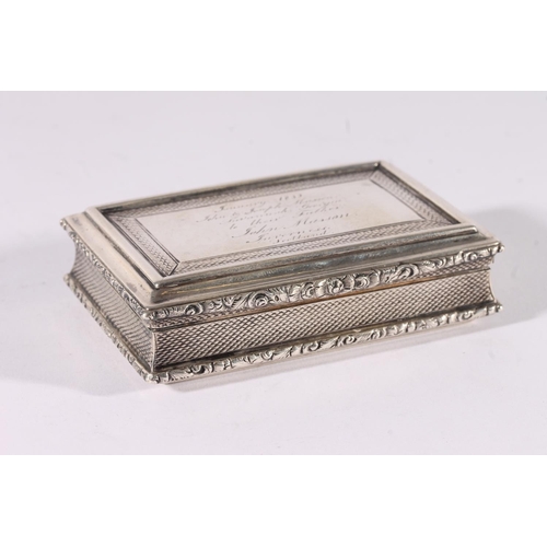 27 - William IV silver snuff box, of rectangular shape with engine turned decoration and floral cast thum... 