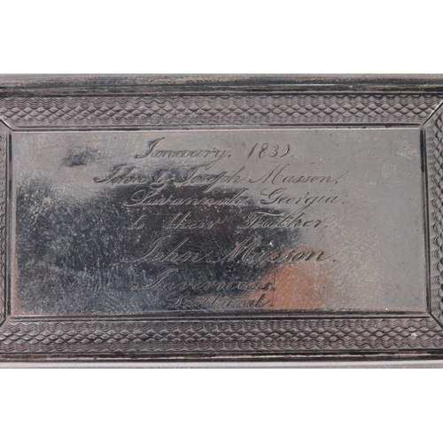 27 - William IV silver snuff box, of rectangular shape with engine turned decoration and floral cast thum... 