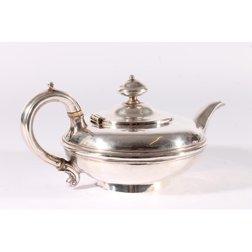 31 - William IV silver teapot, of squat round shape with reeded waist, cast C-Scroll handle and round foo... 