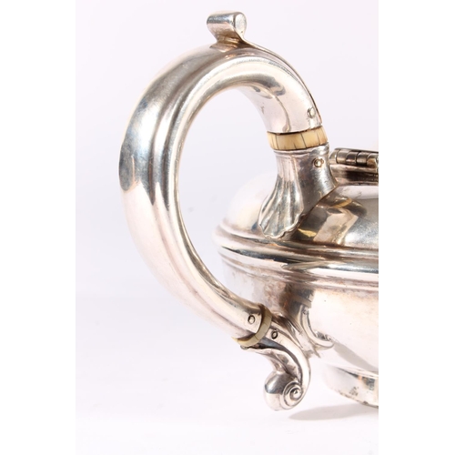 31 - William IV silver teapot, of squat round shape with reeded waist, cast C-Scroll handle and round foo... 