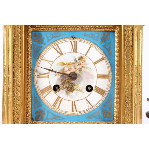 410 - French gilt metal and porcelain mantel clock, 19th century, surmounted by two putti over dome enamel... 