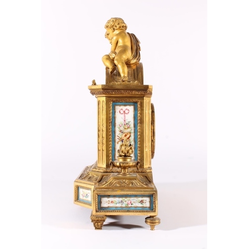 410 - French gilt metal and porcelain mantel clock, 19th century, surmounted by two putti over dome enamel... 