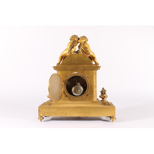 410 - French gilt metal and porcelain mantel clock, 19th century, surmounted by two putti over dome enamel... 