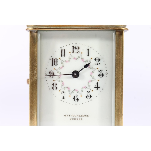 412 - French brass carriage clock, early 20th century, of concave form with shaped hoop handle, the white ... 