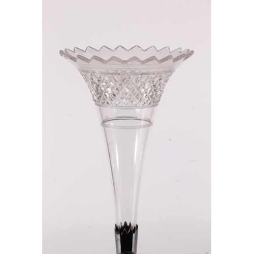 6 - Victorian silver plated and cut glass table centrepiece, the diamond cut trumpet vase surmounting a ... 