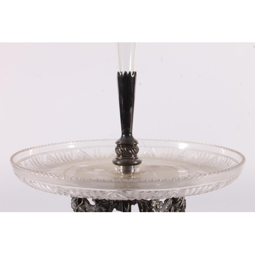 6 - Victorian silver plated and cut glass table centrepiece, the diamond cut trumpet vase surmounting a ... 