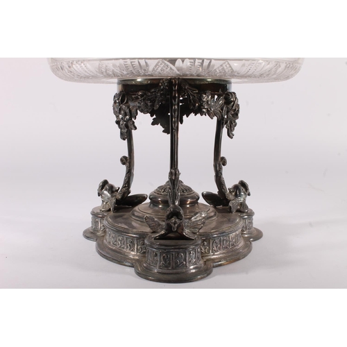 6 - Victorian silver plated and cut glass table centrepiece, the diamond cut trumpet vase surmounting a ... 