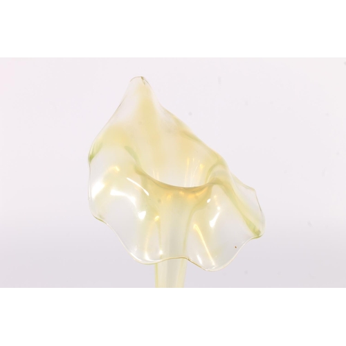 426 - Victorian vaseline glass Jack in the Pulpit vase, the folded rim leading to thin stem body, raised o... 