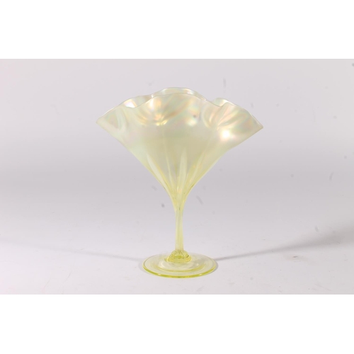 428 - Victorian opalescent vaseline glass fan vase in the manner of John Walsh Walsh, the pleated rim lead... 