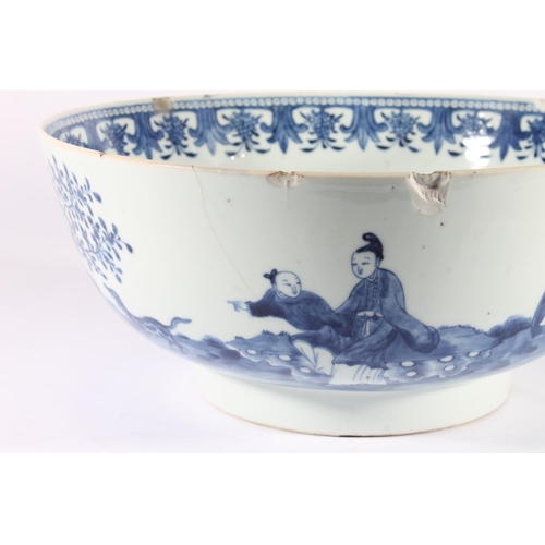 517 - Chinese blue and white porcelain punch bowl, late Qing period, decorated in underglaze blue with a f... 