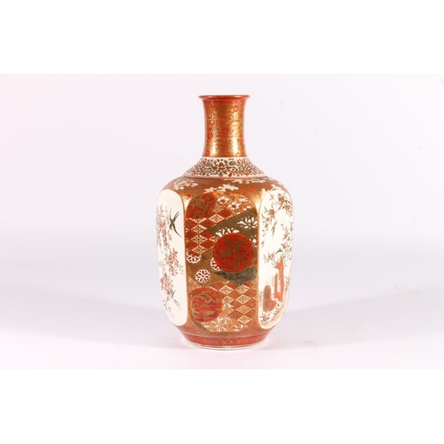 519 - Japanese Kutani hexagonal pottery vase, late Meiji period, decorated in rust red and gilt, the reser... 