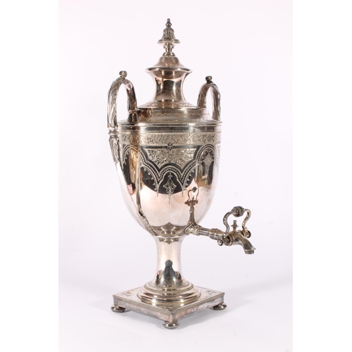 44 - Victorian silver plated samovar of urn type form on a square pedestal base and bun feet, body finely... 