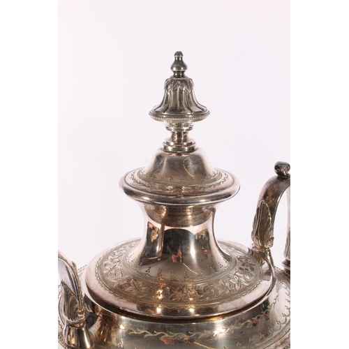 44 - Victorian silver plated samovar of urn type form on a square pedestal base and bun feet, body finely... 