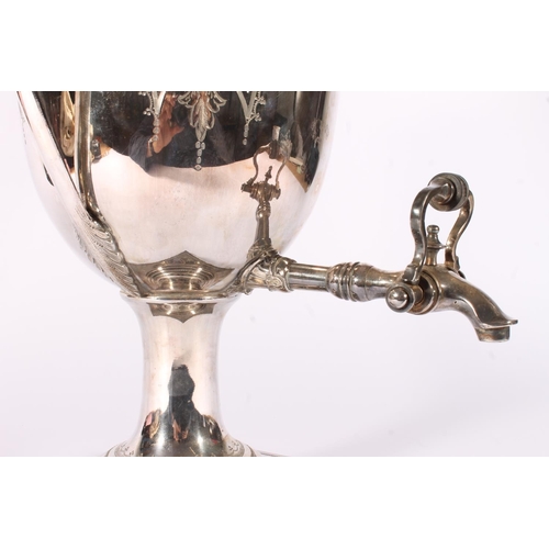 44 - Victorian silver plated samovar of urn type form on a square pedestal base and bun feet, body finely... 