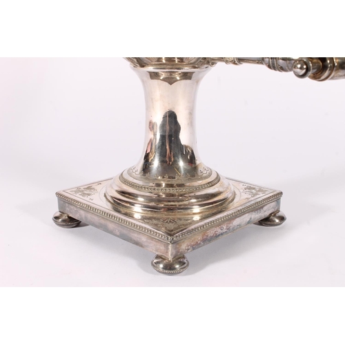 44 - Victorian silver plated samovar of urn type form on a square pedestal base and bun feet, body finely... 