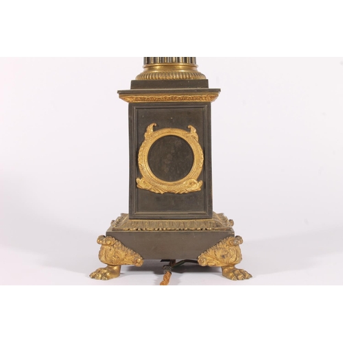 419 - Victorian bronze table lamp, of classical form with fluted and tapered column raised on a square ped... 