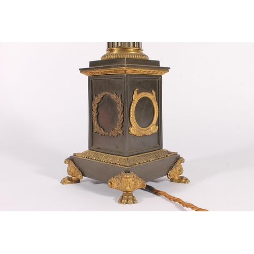 419 - Victorian bronze table lamp, of classical form with fluted and tapered column raised on a square ped... 