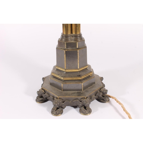 420 - Victorian bronze table lamp, the quadripartite gilt column raised on an octagonal pedestal base term... 