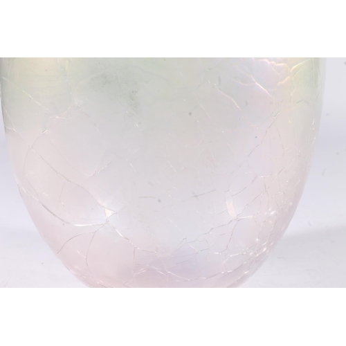 438 - Early John Ditchfield iridescent art glass vase, the oval body in a crackled pearlescent finish, bas... 