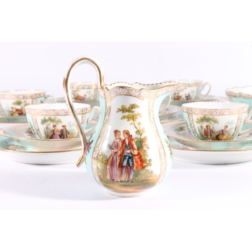 449 - Dresden porcelain tea set for six, early 20th century, decorated with reserves of 18th century roman... 