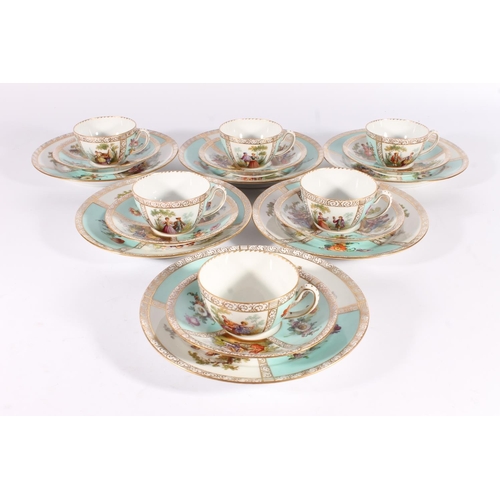 449 - Dresden porcelain tea set for six, early 20th century, decorated with reserves of 18th century roman... 