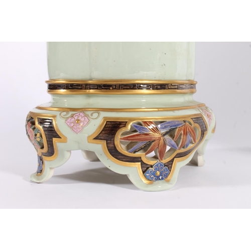 450 - Pair of Royal Worcester Aesthetic period vases, c1882, of Chinoserie shape on pedestal foot, the cel... 