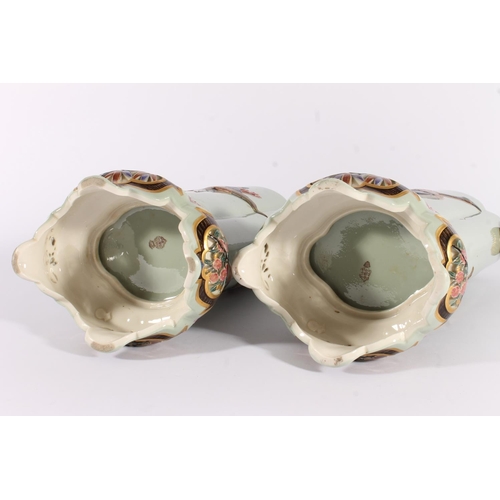 450 - Pair of Royal Worcester Aesthetic period vases, c1882, of Chinoserie shape on pedestal foot, the cel... 