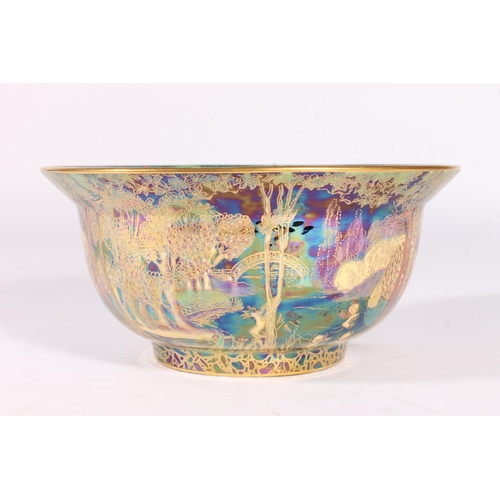 452 - Wedgwood Fairyland lustre flared bowl, c1920s, decorated in the Woodland Bridge and Garden of Paradi... 