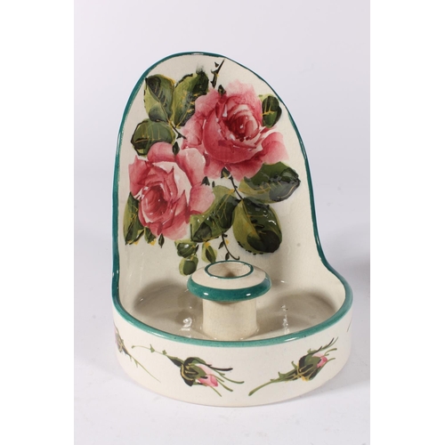 457 - Wemyss cabbage rose decorated pottery chamberstick, pen stand and a apple decorated beaker, max H14c... 