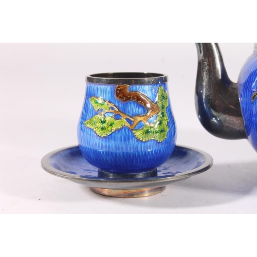 520 - Korean silver and enamel teaset, mid 20th century, the teapot with loop carry handle, the body decor... 