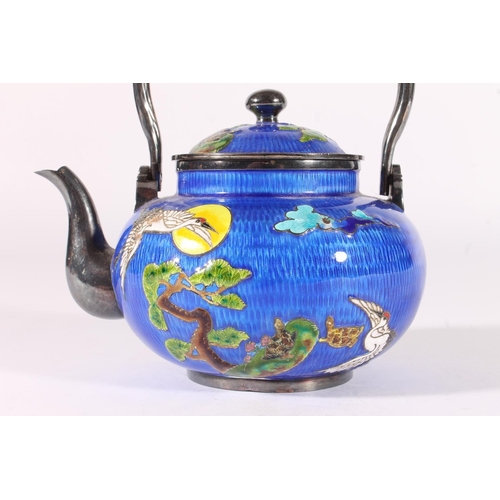 520 - Korean silver and enamel teaset, mid 20th century, the teapot with loop carry handle, the body decor... 