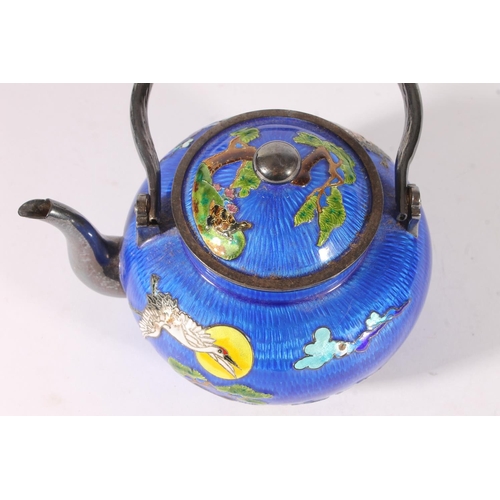 520 - Korean silver and enamel teaset, mid 20th century, the teapot with loop carry handle, the body decor... 