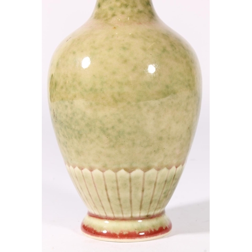 526 - Chinese Longquan style celadon vase, of baluster form with flared rim and mottled Celadon glaze, six... 