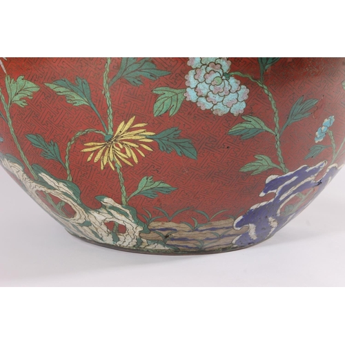 535 - Large Chinese cloisonne enamel fish bowl, late Qing period, decorated with polychrome water flowers ... 