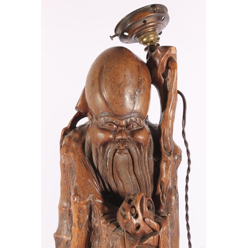 536 - Japanese carved root wood figure of Fukurokuju, late Meiji period, later converted into a lamp with ... 