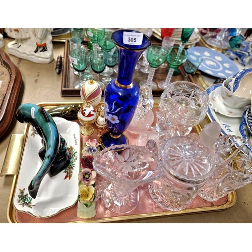 305 - Collection of cut and other glassware, animal figures, blue mountain dolphin etc.