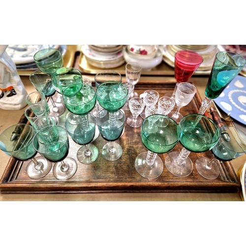 304 - Set of six green hock glasses and other glassware.