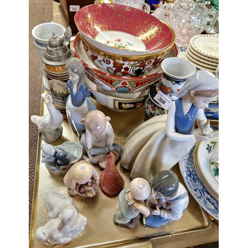 308 - Minton floral decorated bowl, collection of Nao and other figures etc.