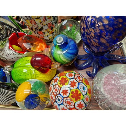 312 - Collection of coloured and other glassware to include Fifth Avenue Crystal duck, spider, stained gla... 