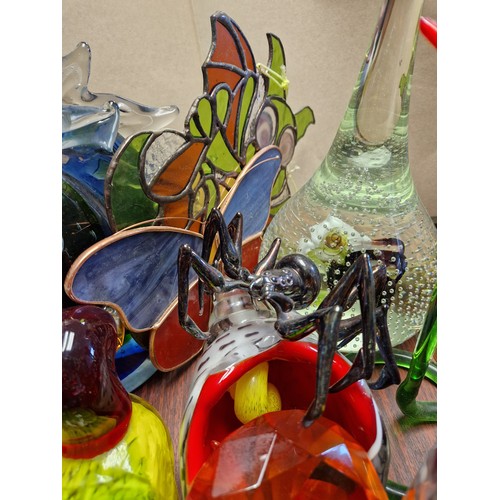 312 - Collection of coloured and other glassware to include Fifth Avenue Crystal duck, spider, stained gla... 