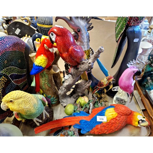 316 - Collection of exotic bird models to include parrots, toucans etc.